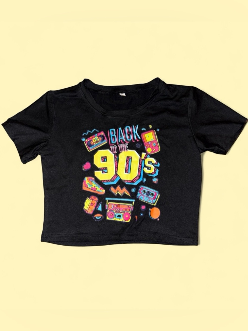 Y2K Back to the 90s Baby Tee Crop Top Black Graphic Tee - Size L